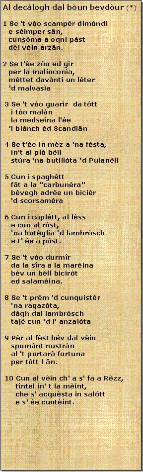 Casella di testo: Al declogh dal bun bevdur (*)1 Se 't vo scampr dimndi  e simper sn,  cunsma a ogni pst  dl vin arzn.2 Se t'e zo ed gr  per la malincona,  mttet davnti un lter  'd malvasa3 Se 't vo guarr  da ttt   i to maln   la medseina l'e  'l binch d Scandin4 Se t'e in mz a 'na fsta,   in't al pi bll   stra 'na butilita 'd Puianll5 Cun i spaghtt   ft a la ''carbunra''   bvegh adre un bicir   'd scorsamra6 Cun i capltt, al lss   e cun al rst,   'na butglia 'd lambrsch   e t' e a pst.7 Se 't vo durmr   da la sra a la marina   bv un bll bicirt   ed salamina.8 Se 't prm 'd cunquistr   'na ragazta,   dgh dal lambrsch   taj cun 'd l' anzalta9 Pr al fst bv dal vin   spumnt nustrn   al 't purtar fortuna   per ttt l n.10 Cun al vin ch' a s' fa a Rzz,     tntel in' t la mint,     che s' acqusta in saltt     e s' e cuntint.   