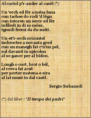 Casella di testo: Al cariol p'r-ander al casl (*)Un 'erch ed fr a msa lunacun tachee do rodi 'd lgncun intoren un sercc ed frinfledi in di so mss,tgnudi fermi da du suii.Un-et'r-erch orizontelimbroctee a novanta gredcun un manegh fat c'n'un pel,sul davanti in spicolonal so gancc per al bidon.Longh o curt, brot o bl,al vreva fat acsper porter matena-e siraal lat munt in dal casl.                                                 Sergio Subazzoli(*) dal lber : "Il tempo dei padri"